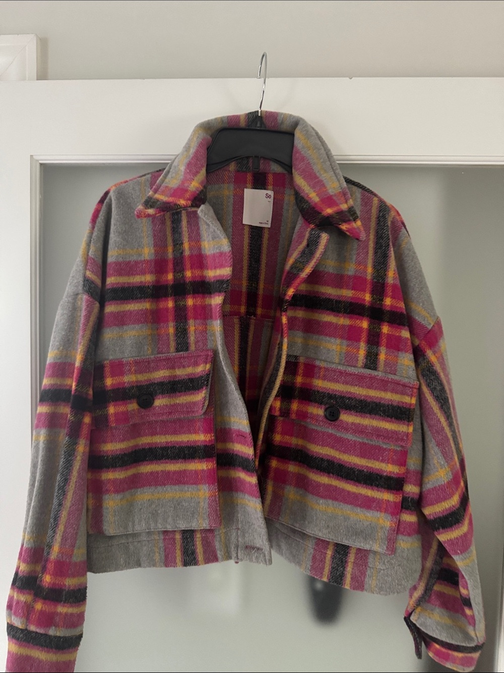 SO Grey & Pink Plaid Wool-Blend Shacket